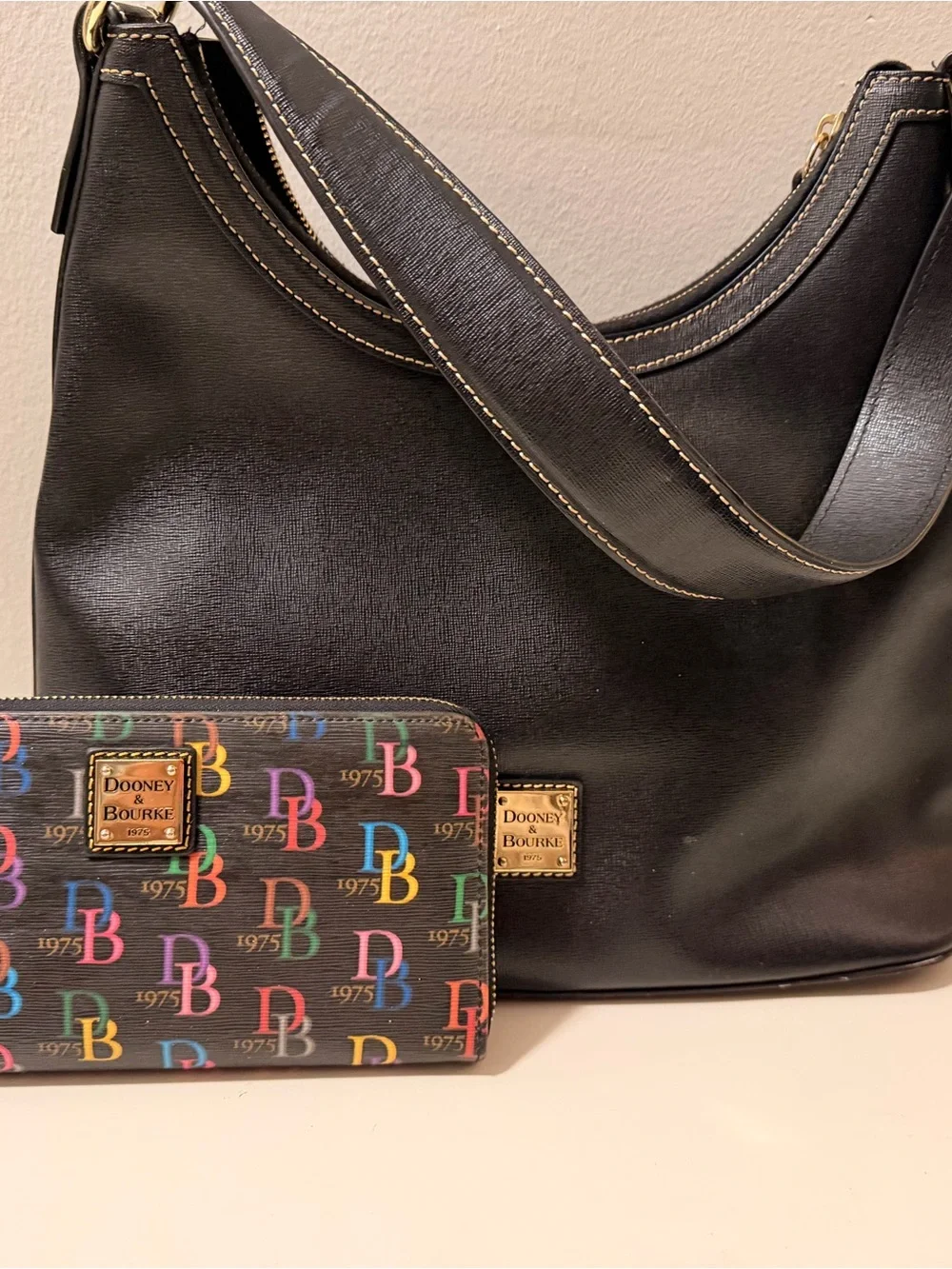 Dooney & Bourke Black Leather Shoulder Bag with Multicolor Logo Wallet